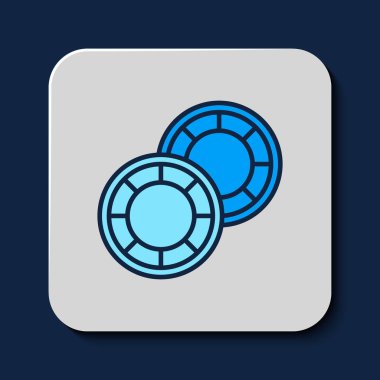 Doldurulmuş ana hat kumarhane çipleri simgesi mavi arkaplanda izole edildi. Kumarhane kumarı. Vektör.