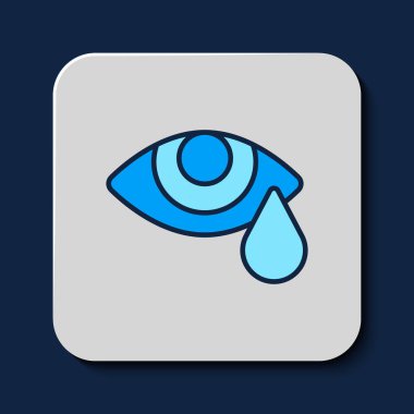 Filled outline Tear cry eye icon isolated on blue background. Vector.