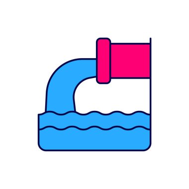 Beyaz arkaplanda izole edilmiş ana hatlı Atık Su simgesi. Kanalizasyon borusu. Borudan nehre sıvı akıyor. Vektör.