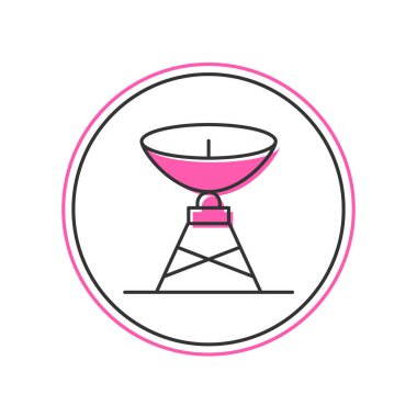 Doldurulmuş uydu anten simgesi beyaz arkaplanda izole edildi. Radyo anten, astronomi ve uzay araştırması. Vektör.