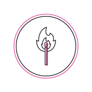 Beyaz arkaplanda izole edilmiş ateş ikonu ile ana hatları yakma kibriti. Ateşle maç. Kibrit işareti. Vektör.