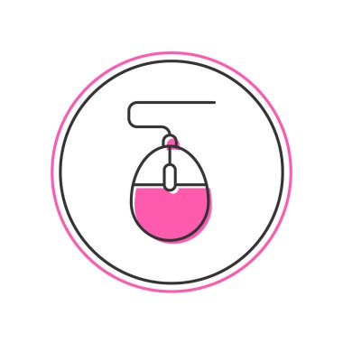 Doldurulmuş ana hatlı bilgisayar fare oyun simgesi beyaz arkaplanda izole edildi. Tekerlek sembollü optik. Vektör.