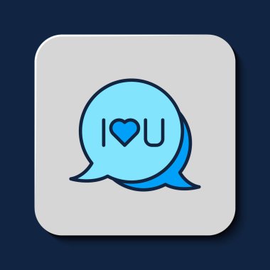 Filled outline Speech bubble with text I love you icon isolated on blue background. Valentines day. Vector.