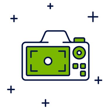 Beyaz arkaplanda izole edilmiş ana hatlı fotoğraf makinesi simgesi. Foto kamera. Dijital fotoğrafçılık. Vektör.