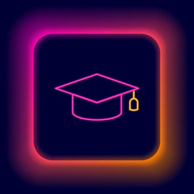 Parlayan neon hattı mezuniyet simgesi siyah arkaplanda izole edildi. Tassel ikonlu mezuniyet şapkası. Renkli taslak konsepti. Vektör.