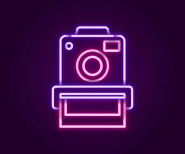 Parlayan Neon Hattı Fotoğraf Makinesi Simgesi Siyah Arkaplanda Izole Edildi — Stok Vektör