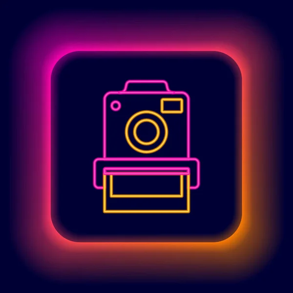 Icono Cámara Fotográfica Línea Neón Brillante Aislado Sobre Fondo Negro — Vector de stock