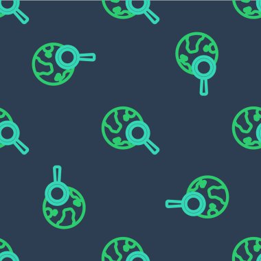 Küre ikonlu çizgi büyüteç mavi arka planda izole edilmiş pürüzsüz desen. Dünyayı analiz ediyorum. Küresel arama işareti. Vektör.