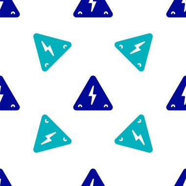 Mavi Yüksek voltajlı işaret simgesi beyaz arka planda izole edilmiş pürüzsüz desen. Tehlike sembolü. Üçgendeki ok. Uyarı simgesi. Vektör.