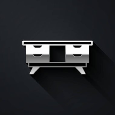 Gümüş TV masası simgesi siyah arkaplanda izole edildi. Uzun gölge tarzı. Vektör.
