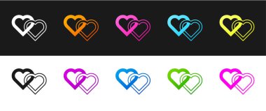 İki Bağlı Kalpler simgesini siyah beyaz arkaplanda izole et. Romantik sembol, bağlanma, tutku ve düğün. Sevgililer Günü. Vektör.