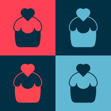 Renkli arka planda kalp ikonu olan pop sanat düğün pastası. Sevgililer günün kutlu olsun. Vektör.