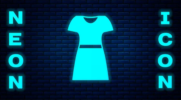 Icona Luminosa Neon Donna Abito Isolato Sfondo Muro Mattoni Segno — Vettoriale Stock