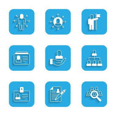 Çalışan hiyerarşi tanımlaması için İşçi Devam Büyüteci 'ni ayarla. Bayrak tutan adam ve simge üzerinde çalışan çoklu görev yöneticisi. Vektör.