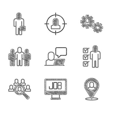 Freelancer Arama Görevlisi konumunu ayarla Arama Ekibi İnsan Üssü için büyüteçlere ekipman ve iş adamı simgesi ile devam edin. Vektör.