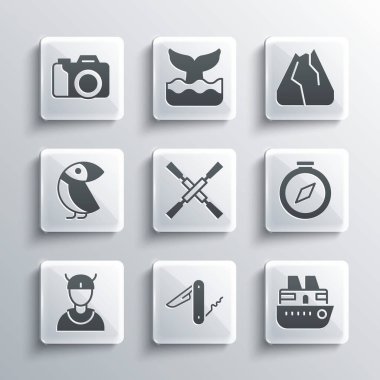 İsviçre çakısı seyir gemisi Pusula Kürekleri ya da kürekleri Viking teknesi baş Albatros fotoğraf makinesi ve dağ ikonu olarak ayarla. Vektör.