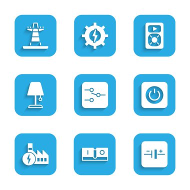Set Switch in electronic circuit Electric light switch DC voltage source Power button Nuclear power plant Table lamp Music player and tower line icon. Vector.