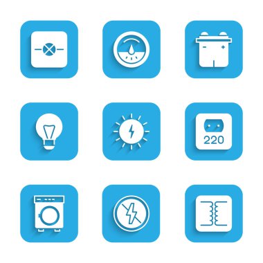 Güneş enerjisi panelini ayarla yıldırım elektrik transformatörü yok çamaşır makinesi yaratıcı lamba fikri araba aküsü ve lamba elektronik devre ikonu. Vektör.