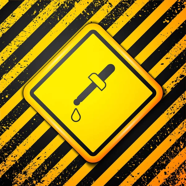 黄色の背景に隔離された黒いピペットのアイコン 化学研究室の機器の要素 医学のシンボル 警告サインだ ベクトル — ストックベクタ