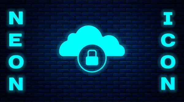 Glowing Neon Cloud Computing Lock Icon Isolated Brick Wall Background — Stock Vector