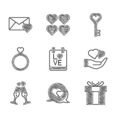 Takvimi 14 Şubat 'taki konuşma baloncuğu içinde Takvim ile ayarlayın. Şampanyalı bir bardak şampanya, yüzükler, kalp şeklinde ve Zarif Sevgililer Günü ikonu. Vektör.