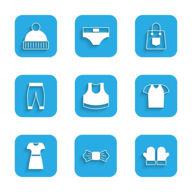 Set Female crop top Bow tie Christmas mittens T-shirt Woman dress Pants Handbag and Beanie hat icon. Vector.