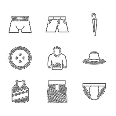 Şemsiye ve simge dikmek için kapüşonlu etek giyen adam iç çamaşırı şapkası. Vektör.