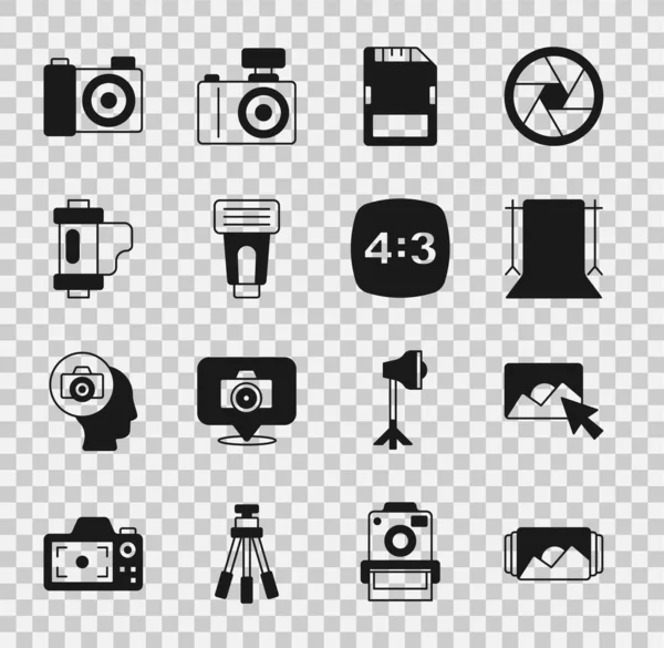 Set Fotolijst Retoucheren Lege Fotostudio Kaart Camera Flitser Camera Film — Stockvector