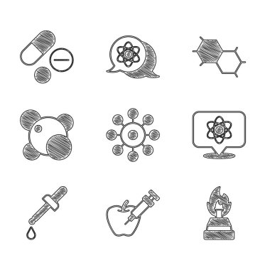 Virüs genetiği değiştirilmiş elma alkolünü ya da ruh yakıcı Atom Pipette Molekül Kimyasal formülü ve ilaç hapı ikonunu ayarla. Vektör.