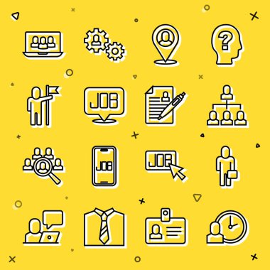 Çalışma saatini ayarla İşadamı İşçi hiyerarşisi İşçi konumu Arama Görevlisi bayraklı proje üssü ve Devam simgesi tutuyor. Vektör.