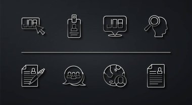 Arama Hattı Arama Görevi Küre ve İnsanlar Projesi kimlik kartı ve simgesi için büyüteçlere devam edin. Vektör.