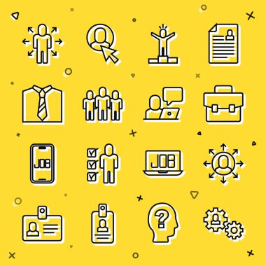 İnsan hattını, Evrak Çantası Üretim Ekibi Üs Tie ve Freelancer ikonu 'nda çalışan çoklu görev yöneticisiyle ayarla. Vektör.