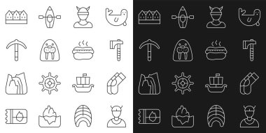 Çizgi Viking kafası Çorap Tahta Baltalı Deniz Aygırı hayvan Kazması Norveç ahşap evi ve Hotdog sandviç ikonu. Vektör.