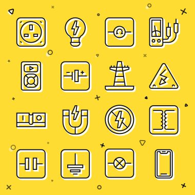 Hat Mobil Telefon Elektrik Transformatörü Yüksek voltajlı Ohmmeter DC kaynak müzik çalar outlet ve kule hattı simgesi. Vektör.