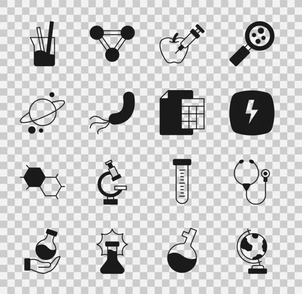 Set Earth Globe Stethoscope Lightning Bolt Genetically Modified Apple Bacteria — Archivo Imágenes Vectoriales