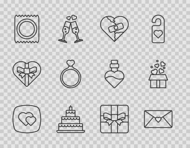 Kalp Zarfı ve Sevgililer Günü Kalbi Kırık veya Boşanmış Düğün Pastası Prezervatif Paketi Yüzük Kutusu ve Kalpleri Simgesi. Vektör.