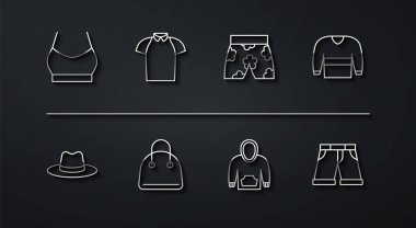 Çizgi çizgisi, kadın kazak şapkalı süveter kapüşonlu polo gömlek, kısa pantolon ve yüzme şortu ikonu. Vektör.