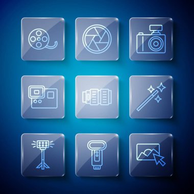 Hat Stüdyo ampulünü softbox Photo kamera rötuşlu kamera lens Action ekstrem film makarası ve simgesine ayarla. Vektör.