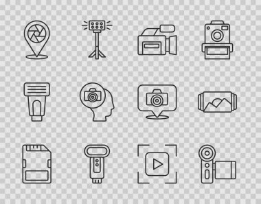 SD kart sinema kamerası foto flash kamera deklanşör odak çerçeve satırı ve simgesini ayarla. Vektör.