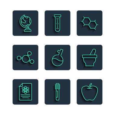 Test tüpü Apple Kimya Formülü Molekül Dünya küresi, havan topu ve tokmak ikonu. Vektör.