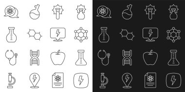 Şimşek Test Tüpü Molekül Patlaması çizgisini ayarlayın. Mataradaki kimyasal formül atom ve ikon. Vektör.