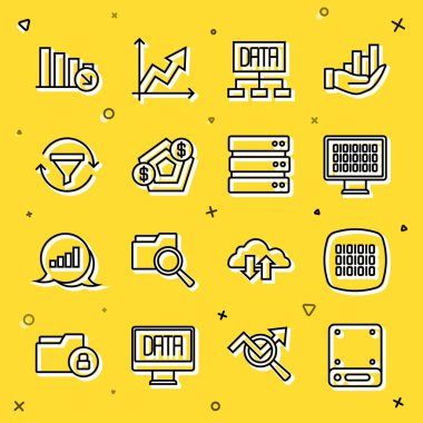 Satır Sunucusu İkili Kod Veri Analizi Finansal Büyüme Satışları hunisini grafiksel azalma ve simgeyle ayarla. Vektör.