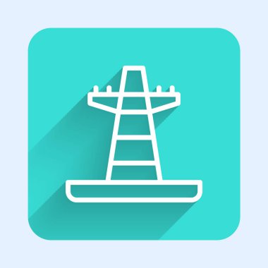 Beyaz hat elektrik kulesi uzun gölge arkaplan izole edilmiş bir güç hattı ikonunu desteklemek için kullanılır. Yüksek voltajlı elektrik direği hattı. Yeşil kare düğmesi. Vektör.