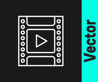 Beyaz çizgi kamera klasik film rulo kartuş simgesi siyah arkaplanda izole edildi. 35 mm 'lik film kutusu. Film şeridi fotoğrafçı ekipmanı. Vektör.