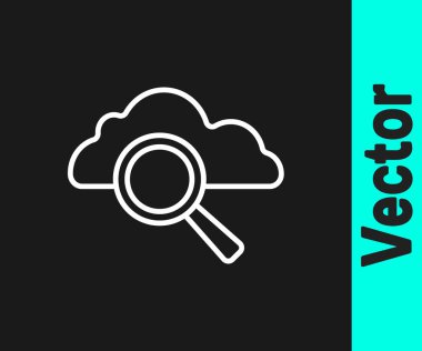 Beyaz çizgi Arama Bulut hesaplama simgesi siyah arkaplanda izole edildi. Büyüteç ve bulut. Vektör.