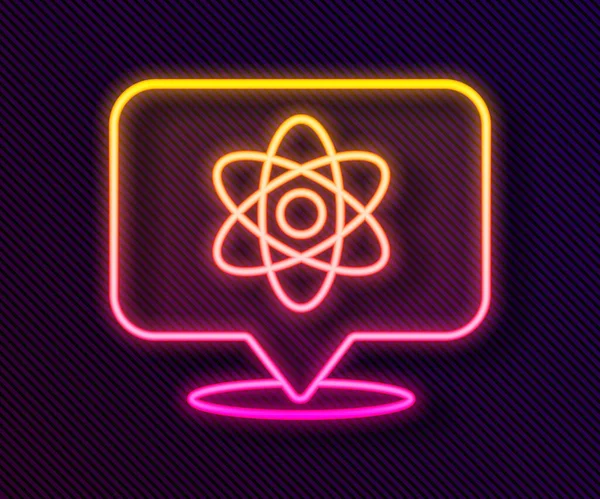 发光的霓虹灯线原子图标孤立在黑色背景 核物理学 科学研究的象征 — 图库矢量图片
