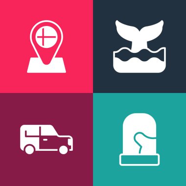 Pop sanat eldivenleri, araba balinası kuyruğu ve konum bayrağı İzlanda ikonu. Vektör.