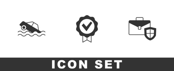 Set Flood Coche Aprobado Marca Verificación Maletín Con Icono Escudo — Vector de stock