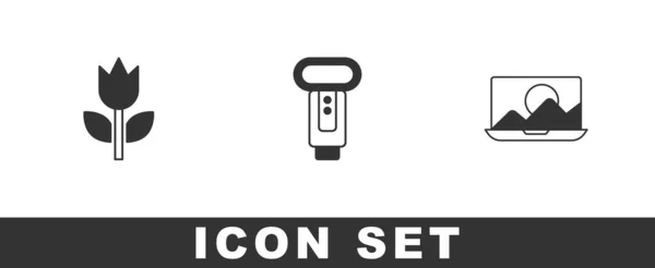 Set Photo Mode Macro Camera Flash Retouching Icon Vector — ストックベクタ