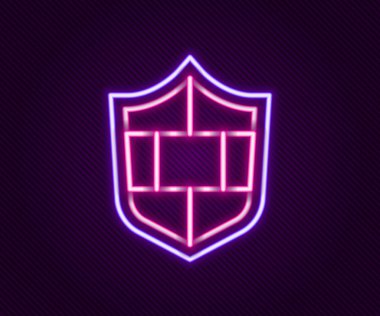 Siyah arka planda siber güvenlik tuğlası ikonu olan parlak neon hat kalkanı. Veri koruma sembolü. Güvenlik duvarı. Ağ koruması. Renkli taslak konsepti. Vektör.